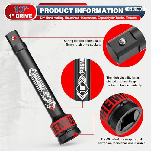 Image of 1 inch Drive Impact Extension Bar, 10 Inch Length Socket Extension, CR-V Steel, Narrow and Deep Areas in Household Haintenance, Trucks Tractors Repair or Industrial Operations
