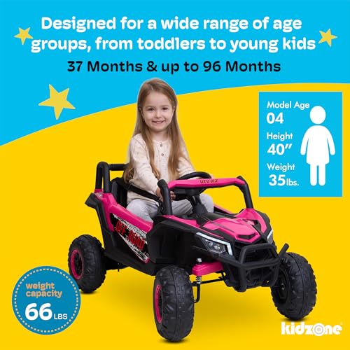 Kidzone 12V Ride On UTV Car for Toddlers 37-96 Months, Single Seat Electric Off-Road Vehicle with Remote, Rear Suspension, LED Lights, Double Doors, Safety Belt, Music & Horn - Pink
