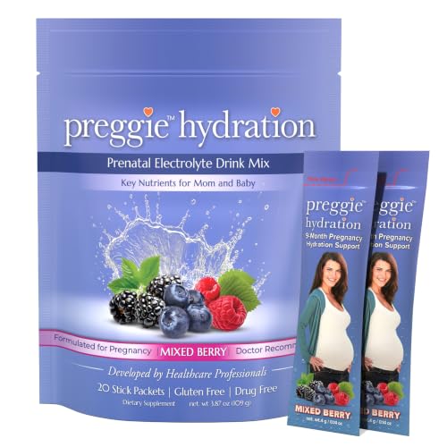 Image of Three Lollies Preggie Hydration Packets for Pregnant Women, Electrolyte Drink Mix with Vitamin B6, Pregnancy Hydration Powder for Moms-to-Be, Mixed Berry Flavor, 20 Single-Serve Packets