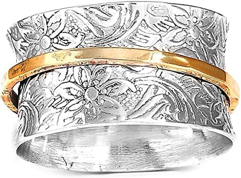 Jude Jewelers Stainless Steel Floral Pattern Chunky Size Rotating Spinner Band Ring (Silver Gold, 10)