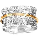 Jude Jewelers Stainless Steel Floral Pattern Chunky Size Rotating Spinner Band Ring (Silver Gold, 5)