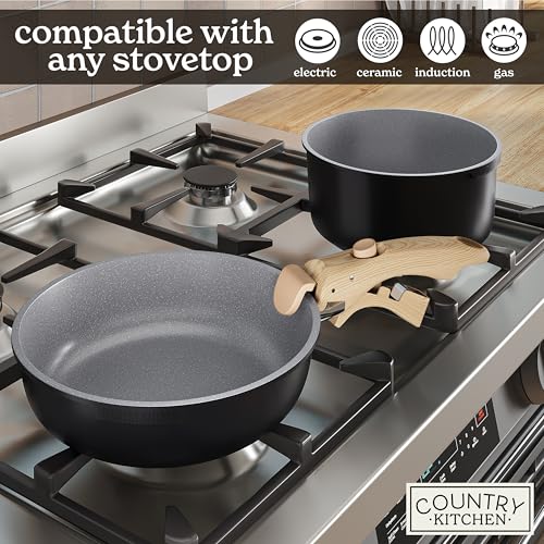 Image of Country Kitchen Cookware Set with Removable Handle, Oven & RV Safe Pots and Pans Set, Black /Grey Wood Handle, Original