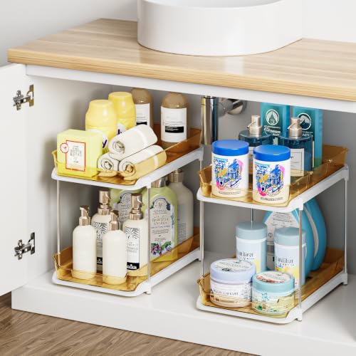 Image of Delamu 2-Tier Multi-Purpose Bathroom Under Sink Organizers and Storage, Stackable Kitchen Pantry Organization, Pull Out Medicine Cabinet Organizer with Movable Dividers, Golden, 2 Pack