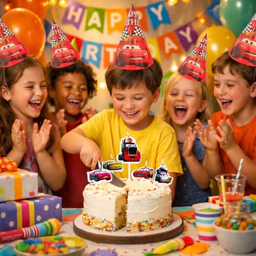 Image of Wanna Party Car Theme Birthday Decoration Combo Kit for Boys - Car Birthday Hats Pack of 8 & Car Theme Candles Pack of 5 | Racing Party Supplies Set for Kids Birthday