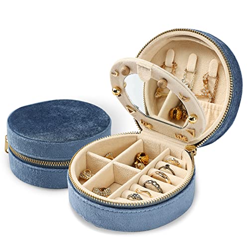 Dajasan Velvet Travel Jewelry Boxes, Mini Travel Jewelry Case, Small Portable Travel Jewelry Organizer Box with Mirror for Women Girls (Blue)