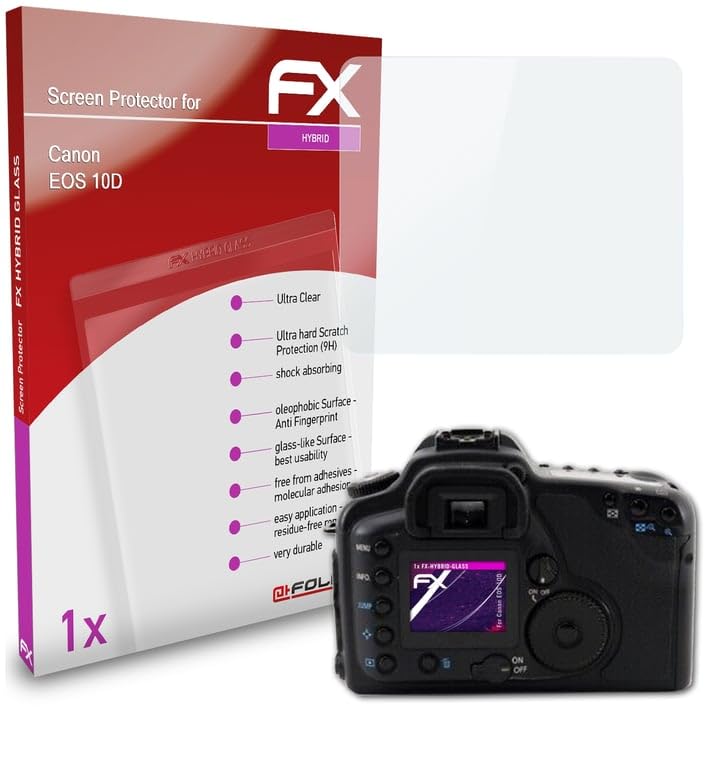 atFoliX Plastic Glass Protective Film compatible with Canon EOS 10D Glass Protector, 9H Hybrid-Glass FX Glass Screen Protector of plastic