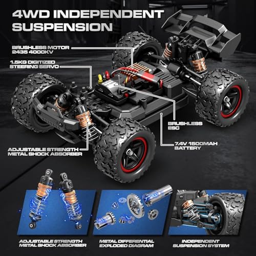 Image of 1:18 Brushless RC Cars for Adults & Boys, 50+KPH High Speed Fast 4WD Off-Road RC Truck, 4X4 RC Car Waterproof Remote Control Car with 2 Rechargeable Batteries
