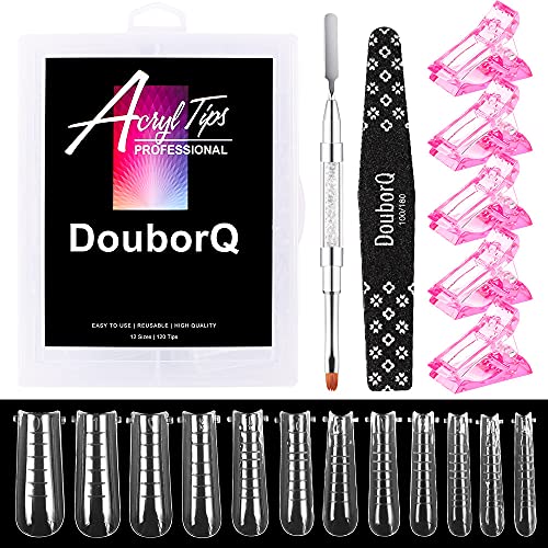 DouborQ Extension Gel Dual Nail Form Clear Flat Extra Long Coffin Shape Nail Molds With 1pcs Dual-Ended Nail Brush,1pcs Nail File and 5pcs Nail Tips Clips (Flat Coffin Nail Forms Set)