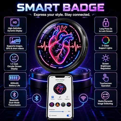 1.7" Touchscreen Digital Badge Pin – Display GIFs, Videos & Text, HD LED Smart Pin with Bluetooth App Control, Custom Wearable Screen for Concert, Rave & Cosplay (black) by SUCHCOSY - Image 6