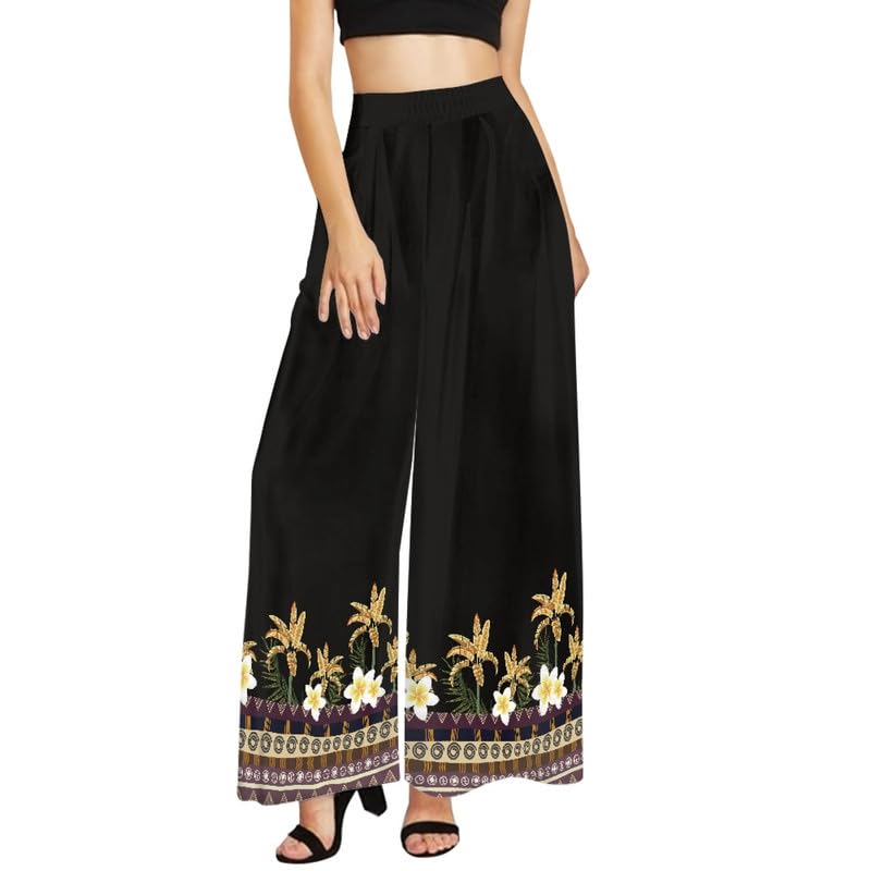 Irisjudy Women Casual Flowy Pants Summer Beach Waist Wide Leg Pants, Hawaii Tropical Floral High Waisted Palazzo Pants Loose2