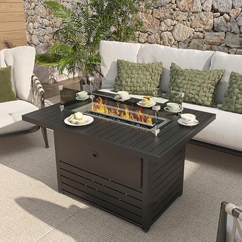 Erotr Rectangle Propane Fire Pit Table: 43'' Aluminum Patio Gas Fire Table - 50000 BTU Rustproof Tabletop Firepit Wind Guard Glass Beads - Outdoor Heating Porch Deck Gazebo Backyard Garden - Dark Gray Cover
