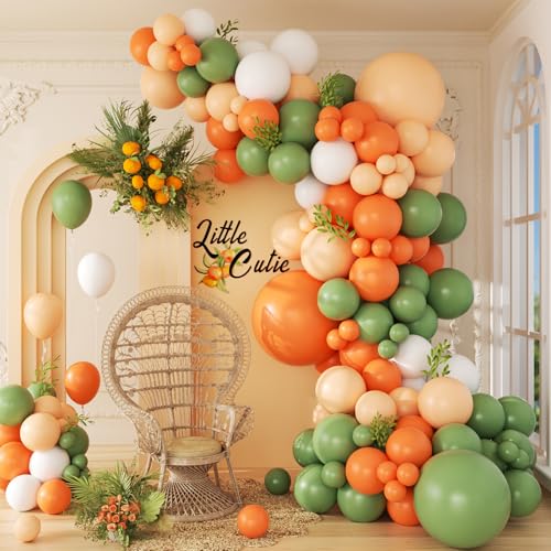 Image of 141pcs Little Cutie Orange and White Balloon Arch Garland Kit with Sage Green Orange Nude Sand White Balloons for Birthday Party Little Cutie Baby Shower Decorations