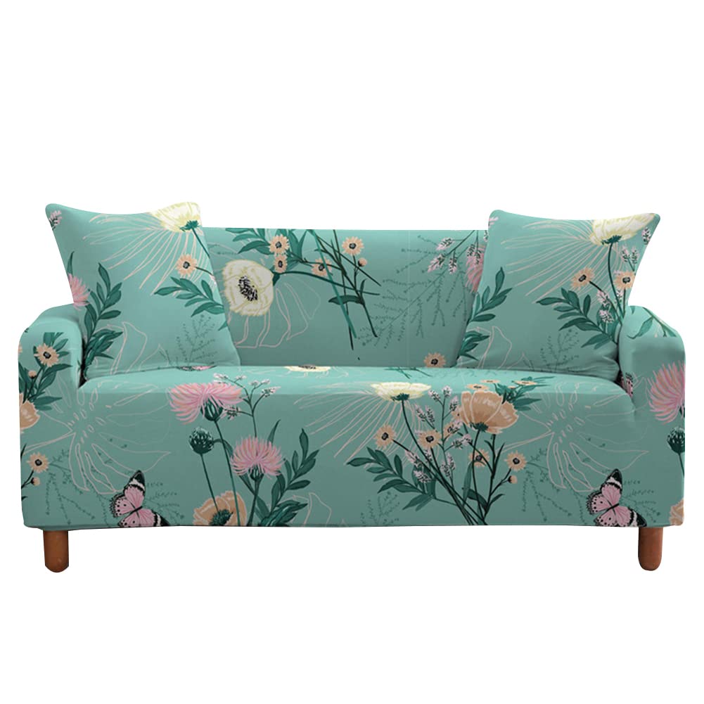 Highdi Green Flower Flower Sofa Cover 1/2/3/4 Seater, Sofa Slipcover Stretch Washable Furniture Protector Printed Non Slip Sofa Covers For Loveseat Couch Sofa (1 Seater,)