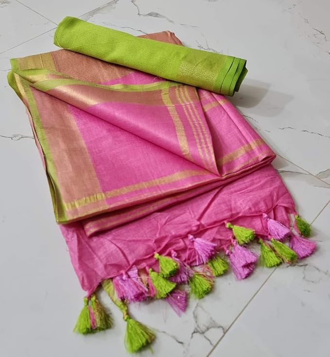 Image of STB-SILK TEXTILES BHAGALPUR Women's Linen Slub Saree With Contrast Blouse Piece