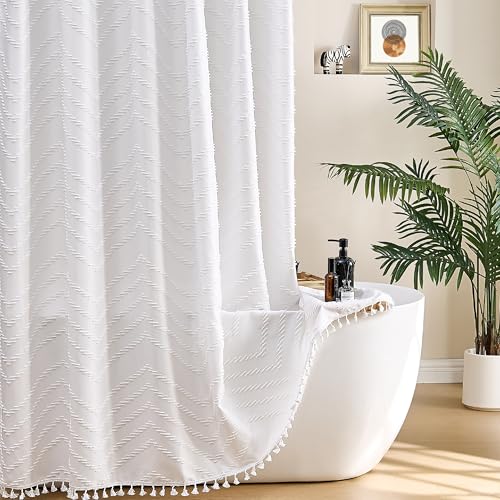 Siiluminisoy Extra Long White Boho Shower Curtain with Tassel, Woven Fabric 80 in Shower Curtain, Tufted Chevron Striped, 72 x 80, Modern Chic Textured Minimalist Bathroom Shower Curtains
