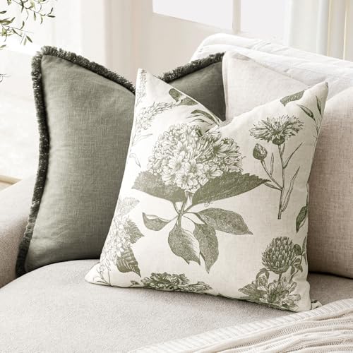 Image of Foindtower Set of 2 Linen Floral Vintage Throw Pillow Covers Neutral Accent Print Decorative Cushion Covers Farmhouse Home Decor for Sofa Chair Couch Bedroom Living Room,18x18 Inch,Sage Green