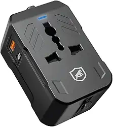 Gshield Adaptador Universal de Tomada para Viagem Internacional e Carregador Turbo Power Delivery com USB C 20W + USB A, Bivolt, Preto