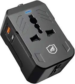 Gshield Adaptador Universal de Tomada para Viagem Internacional e Carregador Turbo Power Delivery com USB C 20W + USB A, Bivolt, Preto