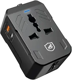 Gshield Adaptador Universal de Tomada para Viagem Internacional e Carregador Turbo Power Delivery com USB C 20W + USB A, Bivolt, Preto