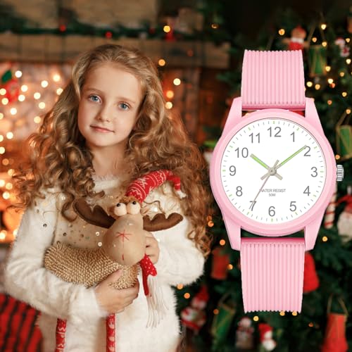 Image of Kids Analog Watches for Girls Boys Watches with Soft Band Learning Time 50M Waterproof Children Watch Easy to Read for Ages 4-12 Kids Gift (L-Pink)