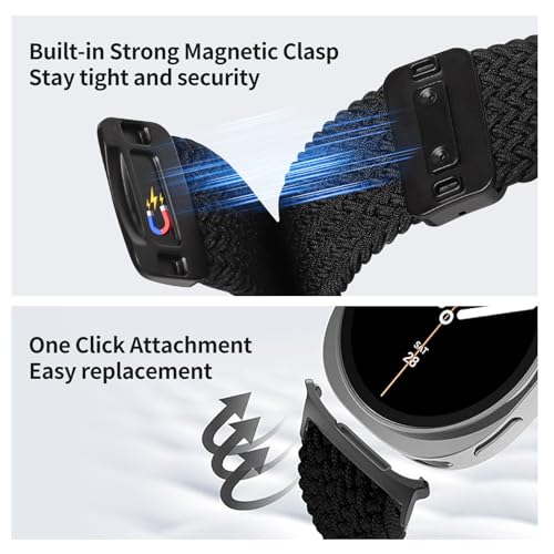 Image of 3 Pack Magnetic Braided Band for Samsung Galaxy Watch 9 8 40mm 44mm, Galaxy Watch8 Classic 46mm, One Click No Gap Elastic Stretchy Nylon Fabric Sport Strap for Women Men (Black /Gray /Star Light)