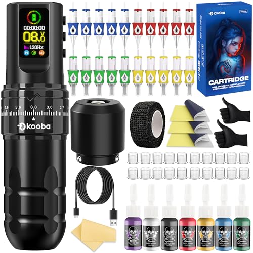 KOOBA TATTOO GUN KIT WITH WIRELESS TATTOO PEN MACHINE 1 BATTERY 1,800MAH POWER LED DIGITAL DISPLAY NORMAL/STIPPLING MODE RCA ADAPTER 7 STROKES LENGTH 20 CARTRIDGE NEEDLES TATTOO SUPPLIES FOR BEGINNERS