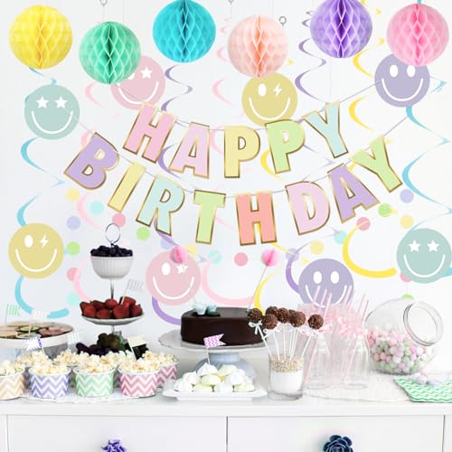 meowtastic Pastel Birthday Decorations - Macaron Happy Birthday Banner with Honeycomb, Smiley Face Hanging Swirl Streamer, Circle Dot Garland Decorations - Birthday Party Decorations for Boys Girls - Image 3