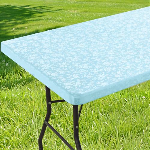 Image of Smiry Heavy Duty Vinyl Fitted Tablecloths for 8 Foot Rectangle Tables | Elastic Waterproof Fitted Tablecloths, Wipeable Washable Table Cover for Kitchen, Dining, Camping (Ice Blue, 30 inch x 96 inch)