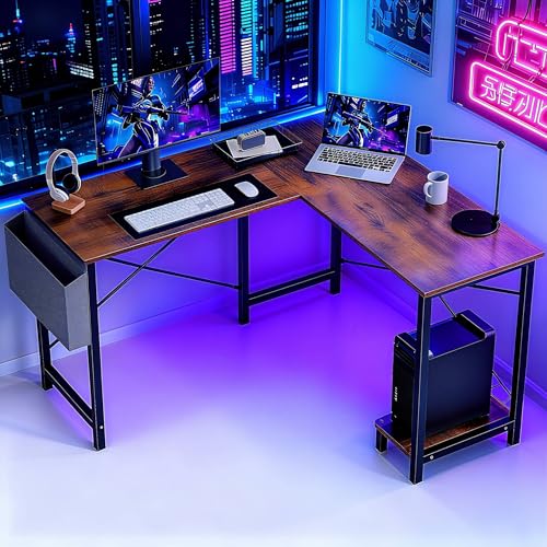 Image of OLIXIS L Shaped Desk, 50-Inch Office Computer Gaming Desks Corner PC Table with Side Bag and Reversible Shelf for Home Work Study Writing Rustic Brown