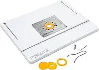 POWERTEC Mesa de roteador de bancada e conjunto de cerca ajustável – Tampo de MDF laminado de 61 cm x 40 cm, placa de inserção de alumínio, porta de poeira de 6 cm, anéis redutores, protetor de broca,
