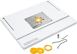 POWERTEC Mesa de roteador de bancada e conjunto de cerca ajustável – Tampo de MDF laminado de 61 cm x 40 cm, placa de inserção de alumínio, porta de poeira de 6 cm, anéis redutores, protetor de broca,