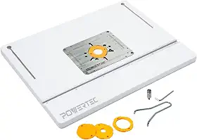 POWERTEC Mesa de roteador de bancada e conjunto de cerca ajustável – Tampo de MDF laminado de 61 cm x 40 cm, placa de inserção de alumínio, porta de poeira de 6 cm, anéis redutores, protetor de broca,