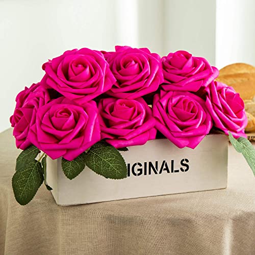 Exoment 25Pcs Artificial Flower Foam Rose Real Touch Roses Flower Heads With Stem For Diy Wedding Bouquets Centerpieces Arrangements Party Baby Shower Home Decor (Hot Pink) #TOP4