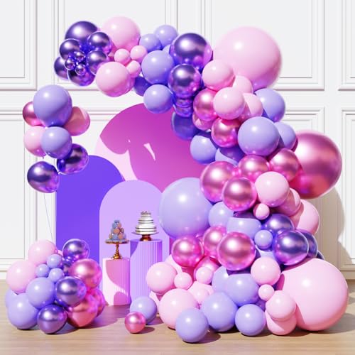 Pink and Purple Balloons Garland Arch Kit Metallic Pink and Purple Latex Balloons for Girl Women Birthday Bridal Baby Shower Party Decoration