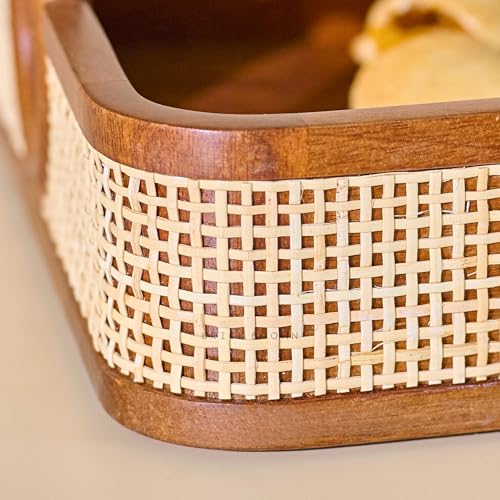 Image of Brick Brown Premium Wooden Tresso Serving Tray with Cane Weaving | Walnut Finish Tea & Breakfast Tray with Handles | Luxury Decorative Organizer for Kitchen, Dining, Coffee Table, Office 15x10 Inch
