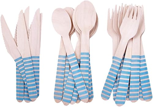 NUOBESTY Juego de utensilios de cocina de madera biodegradable, 16 tenedores de madera, 16 cucharas, 16 cuchillos, juego de cubiertos de madera para