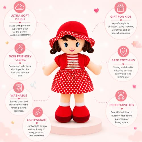 Image of Chi-Chimpu Toyss Soft Curly Doll 30cm (Red) | Premium Plush Stuffed Doll for Girls & Kids | Cute Baby Doll with Curly Hair | Ultra Soft Hugging Toy | Birthday Gift, Baby Sleeping Toy,Washable Soft Toy