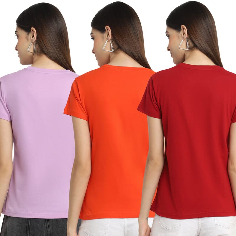 Image of Preneum Women's Cotton Regular Fit Graphic Stylish Printed Short Sleeves Casual T-Shirt || Trendy Designs (Pack 3), Purple & Orange & Red, S