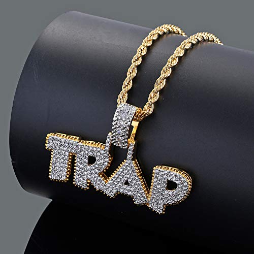 Kmasal Jewelry Hip Hop Iced Out Bubble Letter Trap Pendant Necklace 18K Gold Micro-Pave Simulated Diamond Cubic Zirconia Necklace For Men Women #TOP3