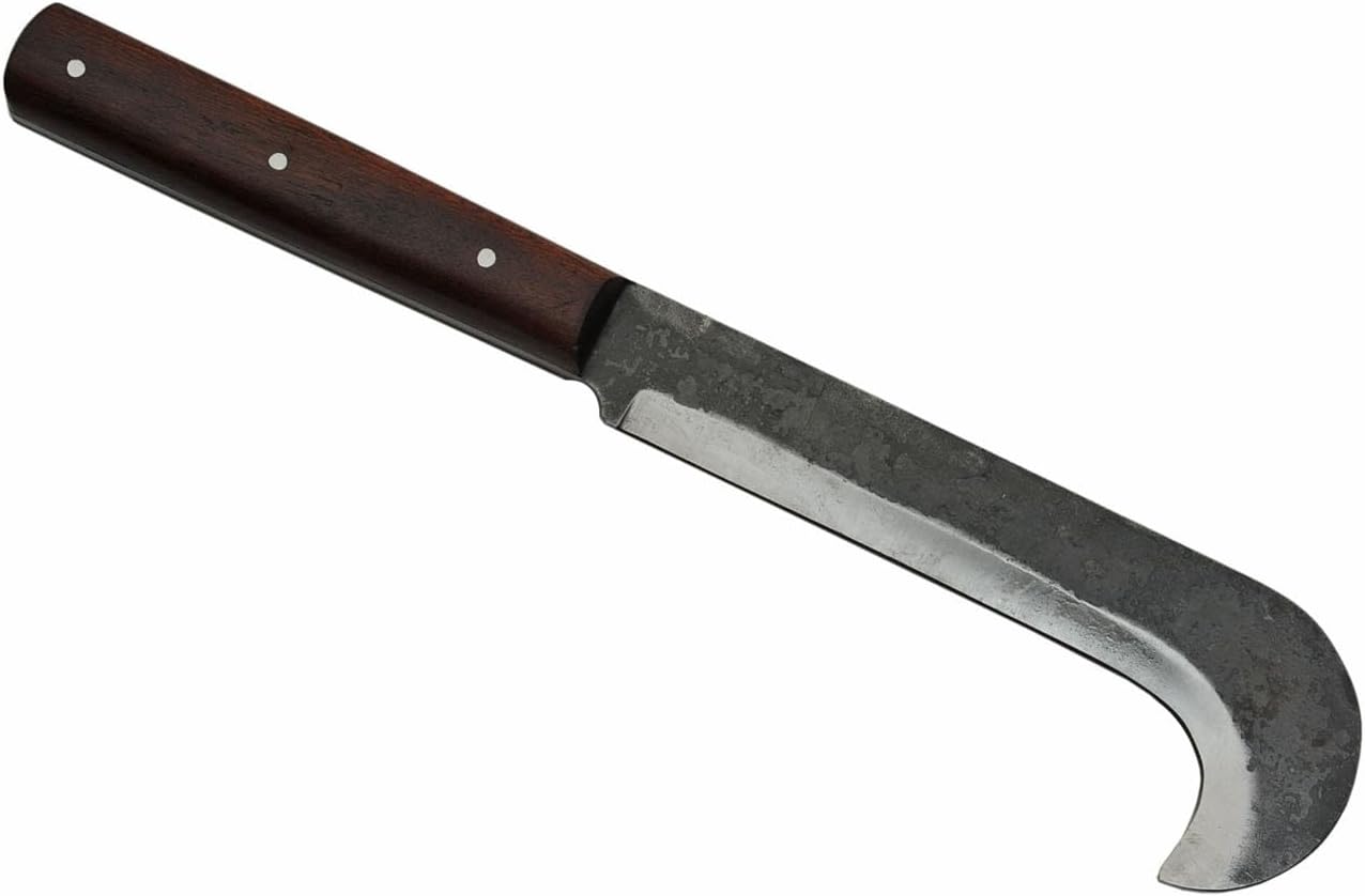 16" Billhook Machete EDC Hunting Camping Harvesting Machete Knife Full Tang Curved Carbon Steel Blade Wooden Handle with Steel Pins and a Black Leather Sheath