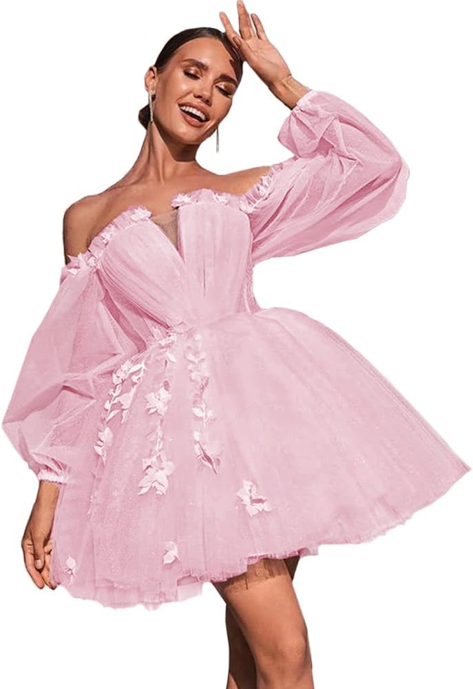 Sparkly Lace Applique Homecoming Dresses Short for Teens 2024 Glitter Puffy Sleeve Tulle Cocktail Party Gowns