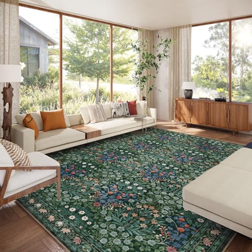 Image of Washable Dark Green Rug for Living Room, 9x12 Large Area Rug for Dining Room, Bedroom, Soft, Low Pile, Non-Slip & Stain Resistant - Vintage Floral Design Carpet