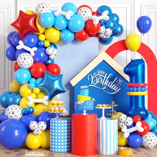 Image of 1st Birthday Decorations Boy, Dog Paw First Party Balloons Arch with Red Blue Yellow Long Latex Balloons 40 inch Number 1 Balloon and Star Foil Balloon for Paw Birthday Party Supplies