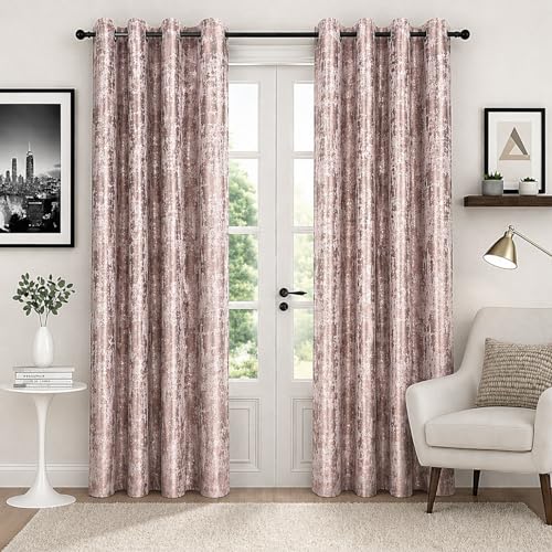 Image of HUTI Home Room Darkening Door Curtain for Home | Heavy Polyester Knitted Jacquard Look Eyelet Curtain | Texture Print | Rose Gold | 7 Feet (120 x 213 cm) | Set of 2