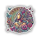 Aztec Xochiquetzal Goddess of Love Sticker - Graceful Design with Flowers and Butterflies for Laptop, Wall, Car, Window, Bumper, Waterproof Decal for Truck, Auto, Water Bottle. (4)