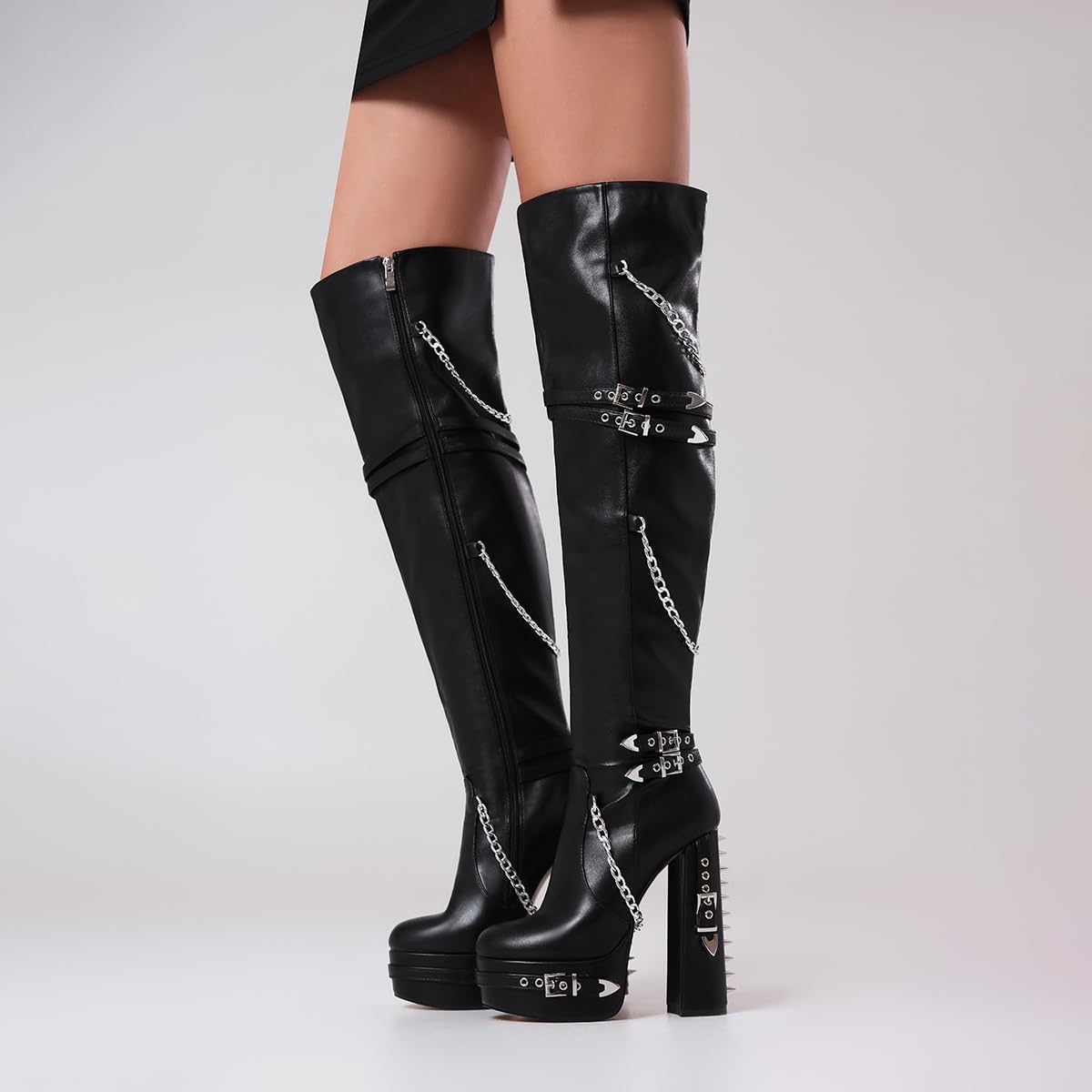 Feinlina Thigh High Boots for Women Block Heel with Trendy Buckles for Clubs Over The Knee Fashion Boots