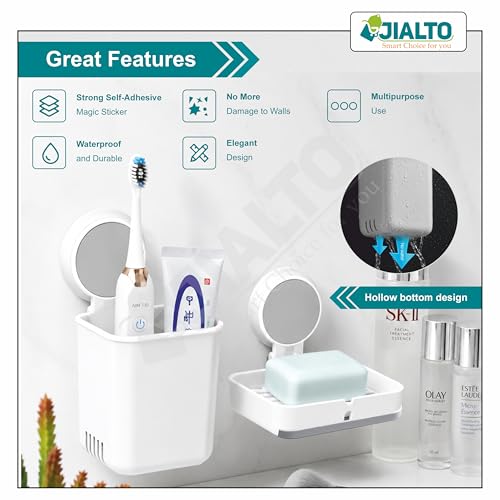 Image of JIALTO Wall Mounted Toothbrush Holder & Soap Box for Bathroom, Non-Drill Self Adhesive Magic Sticker Toothbrush Stand, Removable Drain Tray & Waterproof (Singal Soap Box White, Pack of - 2)