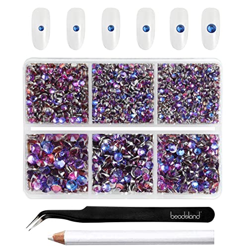 Beadsland 4300pcs Flatback Rhinestones,Purple Rhinestones Nail Gems Round Crystal Rhinestones for Crafts,Mixed 6 Sizes with Picking Tweezers and Wax Pencil Kit