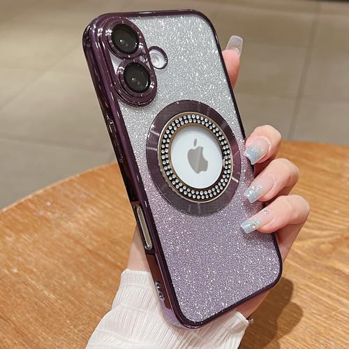Image of Misscase for iPhone 16 Magnetic Glitter Case Compatible with MagSafe,Full Protection Slim Shockproof Anti-Scratch Case with Camera Lens Protector Logo View Dust-Proof Net for Women Purple