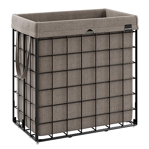 Image of SONGMICS Laundry Hamper, 29 Gal. (110L) Laundry Basket, Collapsible Clothes Hamper, Removable and Washable Liner, Metal Wire Frame, for Bedroom Bathroom, Black and Camel Brown ULCB111N01
